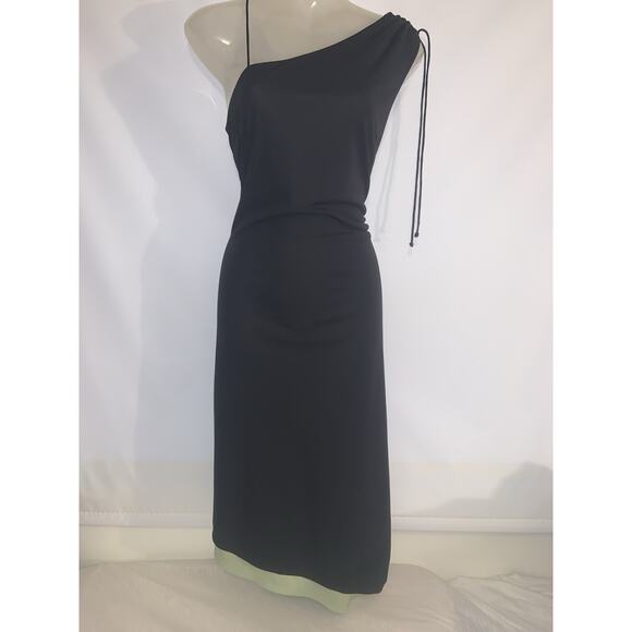 Express vintage midi Black & Green dress with asymetrical hemline Size 11/12 - Picture 2 of 6
